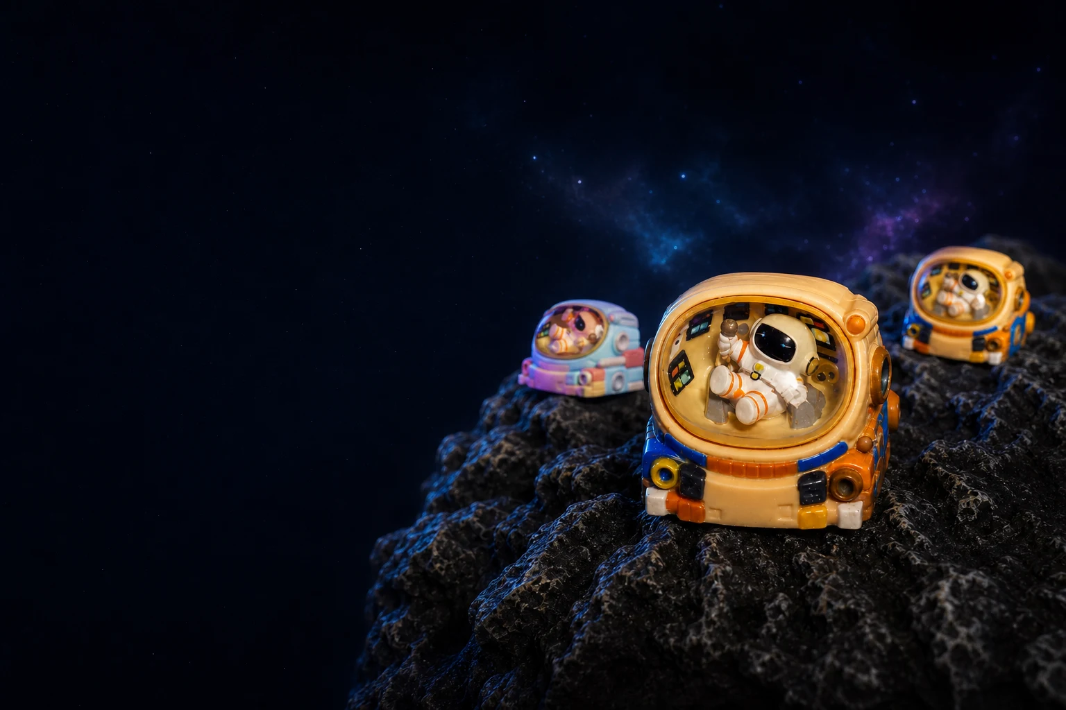 Bộ sưu tập astronaut keycap in 3D của Lumino Craft trên nền vũ trụ